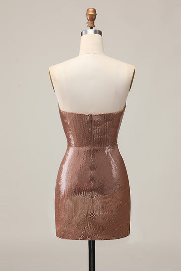 Sparkly Strapless Coffee Ruched Bodycon Homecoming Dress